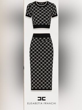 Elisabetta Franchi Black Geometric Knit Pencil Skirt and top Set size 40